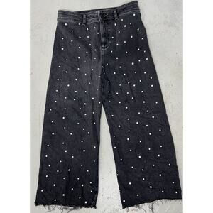 Antonio Melani Black Rhinestone Studded High Rise Wide Leg Cropped Jeans Size 12